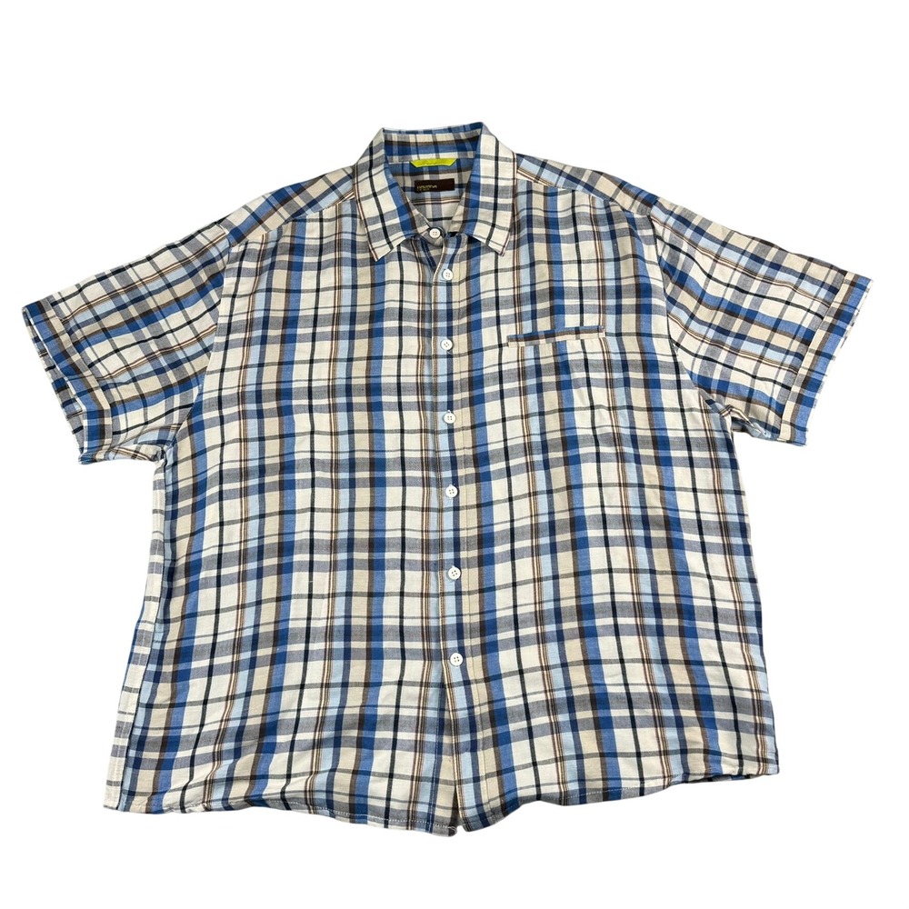 Havana‎ Nines Mens XL Shirt Linen Blend Blue Plaid Short Sleeve Button Down